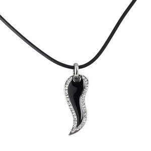 Edgy Austrian Crystal Black Enamel Pendant Rubber Cord Necklace